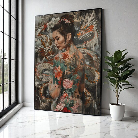 Elegant Asian Woman With Dragon And Floral Tattoos Canvas Oriental Body Art Wall Decor Tattoo Inspired Gift Home Print