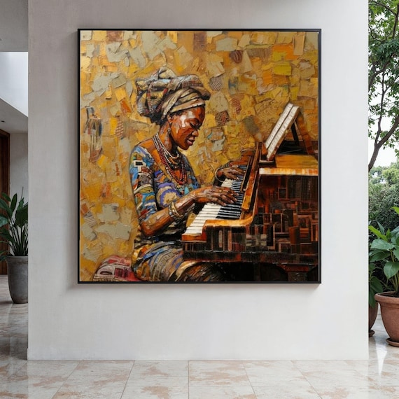 African Woman Playing Piano In Colorful Impasto Golden Art Poster