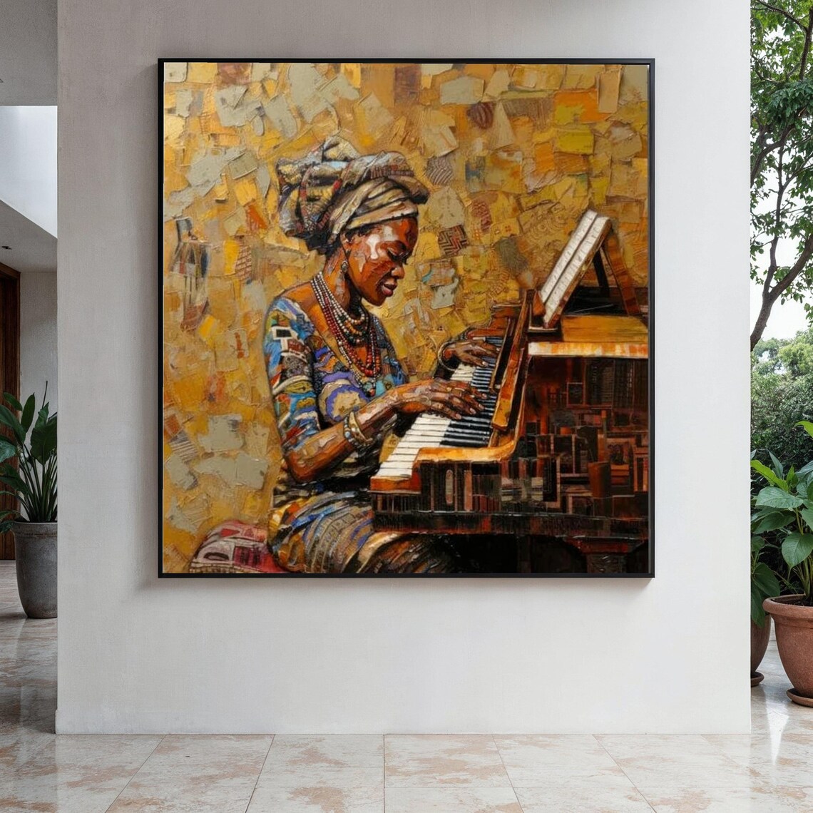 African Woman Playing Piano In Colorful Impasto Golden Art Poster