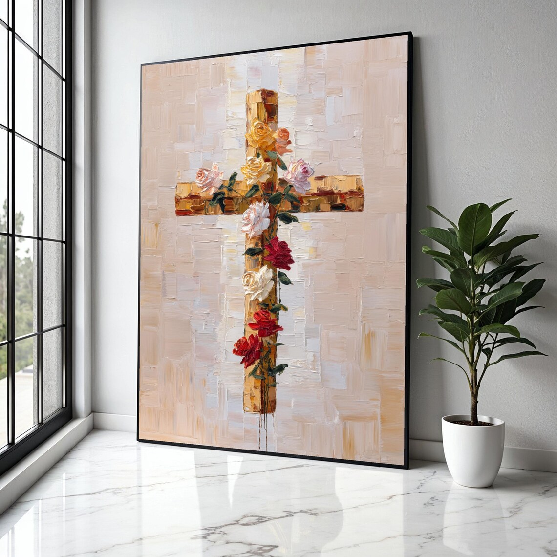 Golden Cross Adorned With Roses Impasto Oil Painting Faith Poster