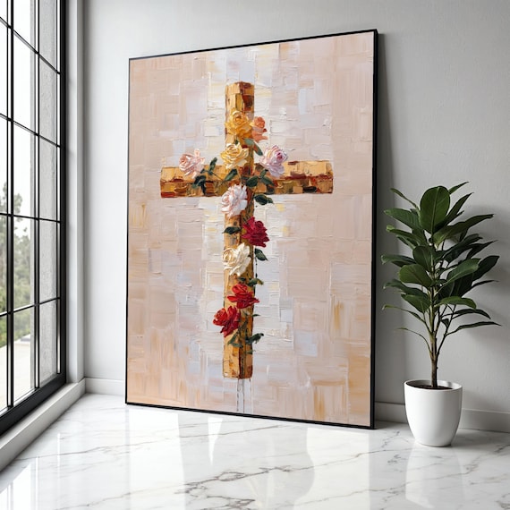 Golden Cross Adorned With Roses Impasto Oil Painting Faith Poster