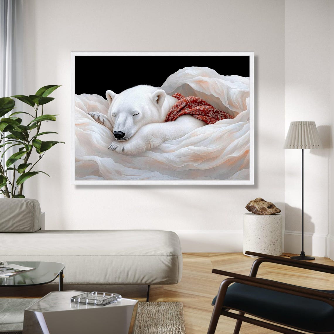 Sleeping Polar Bear White Clouds Red Scarf Cozy Nursery Art Poster