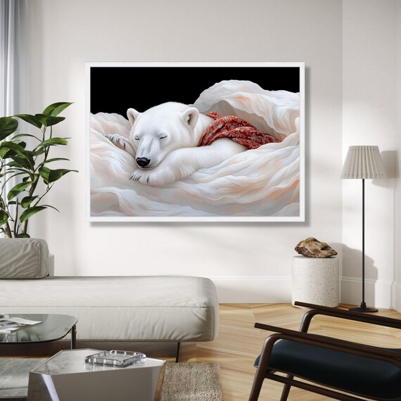 Sleeping Polar Bear White Clouds Red Scarf Cozy Nursery Art Poster