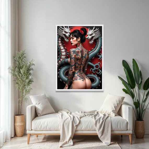 Elegant Tattooed Woman With Japanese Dragon Canvas Floral Body Art Asian Fantasy Wall Inspired Gift Home Decor Print