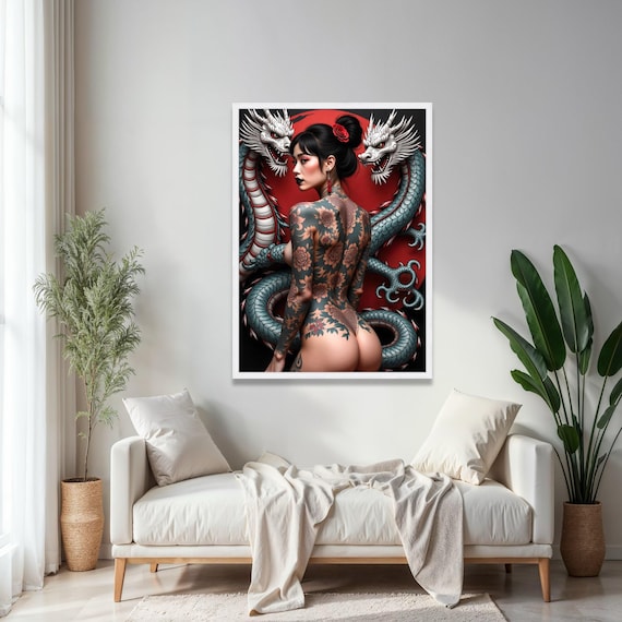 Full Body Tattoo Japanese Dragon Red Sun Asian Fantasy Art Poster