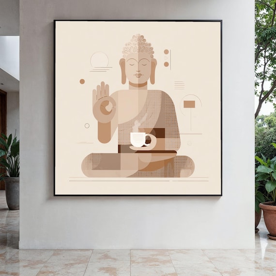 Minimalist Buddha Holding Coffee Cup Modern Zen Line Art Poster