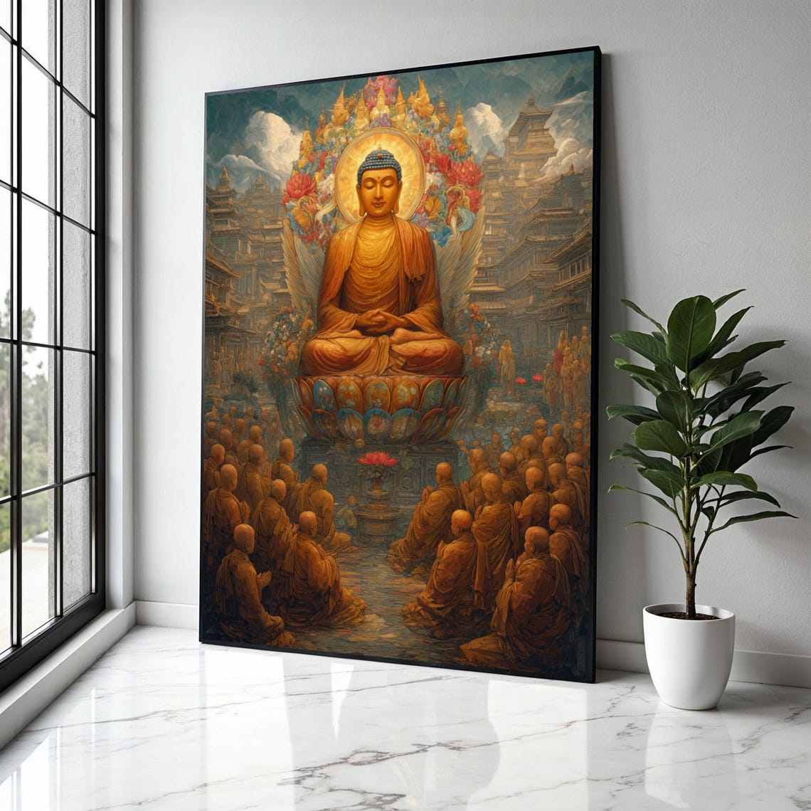 Grand Buddha Teaching Monks Temple Mandala Devotional Zen Art Poster