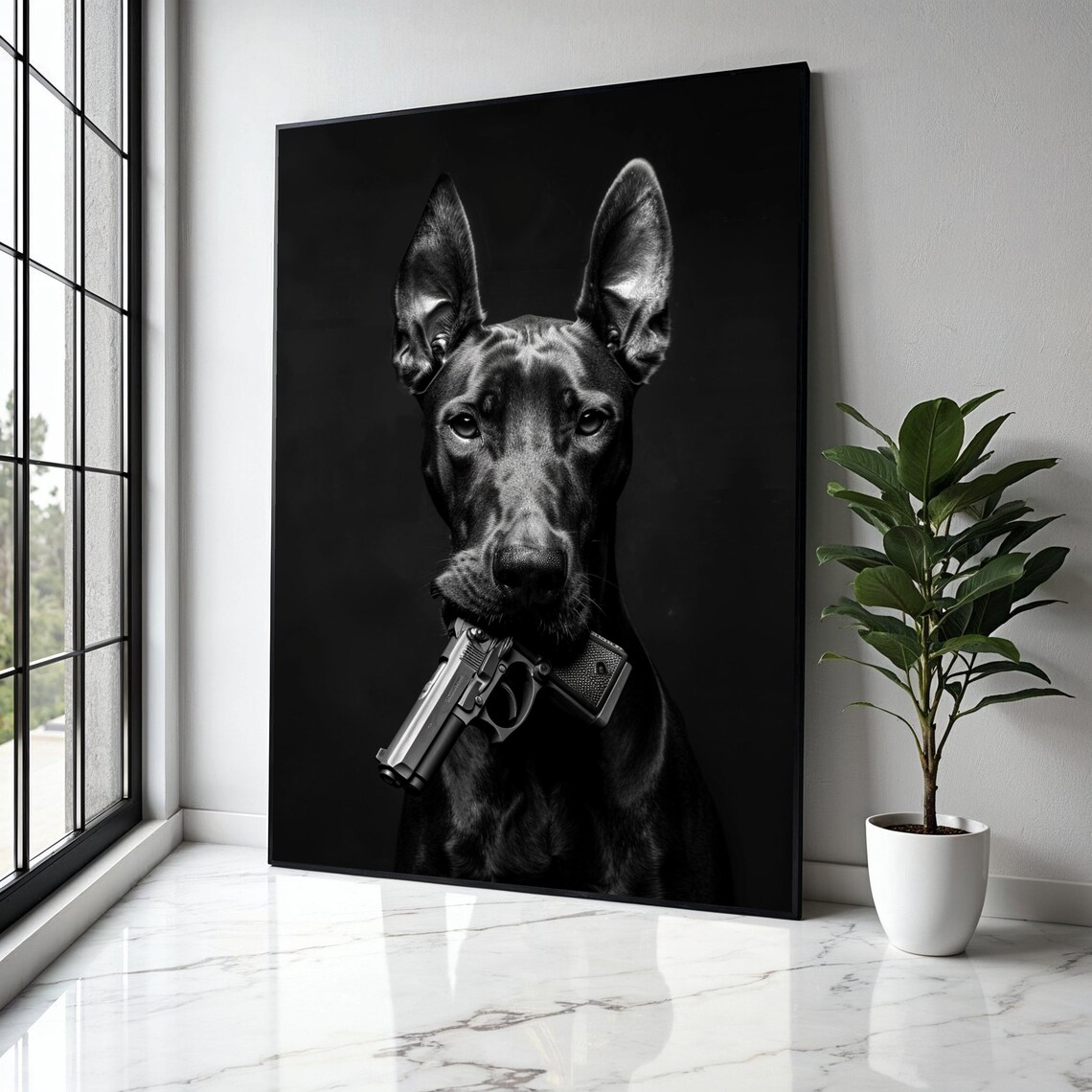 Fearless Doberman Holding Pistol Black and White Photography Poster