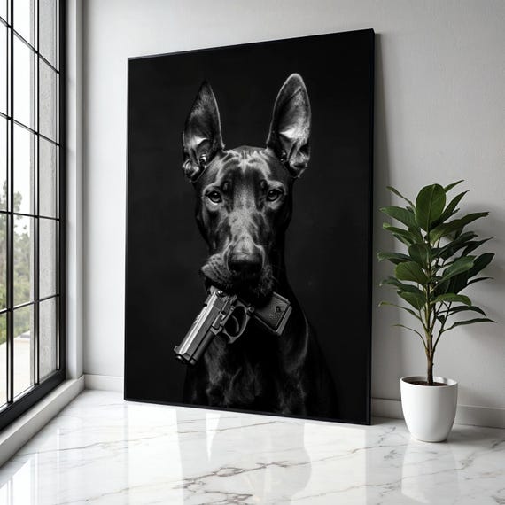 Bold Doberman Portrait With Gun Black And White Canvas Wall Art Edgy Animal Decoration Modern Pet Artwork Gift Home Decor Print