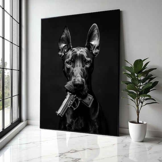 Fearless Doberman Holding Pistol Black and White Photography Poster