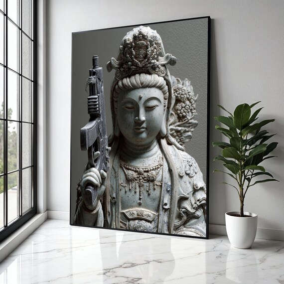 Ancient Guanyin Statue Holding Rifle Modern Spiritual Contrast Art Poster