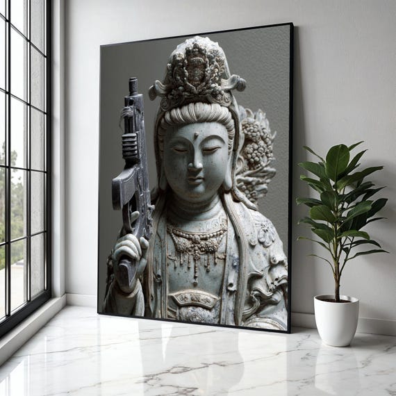 Modern Spiritual Contrast Canvas Buddha Statue With Rifle Art Contemporary Asian Sculpture Print Unique Home Gift Decor