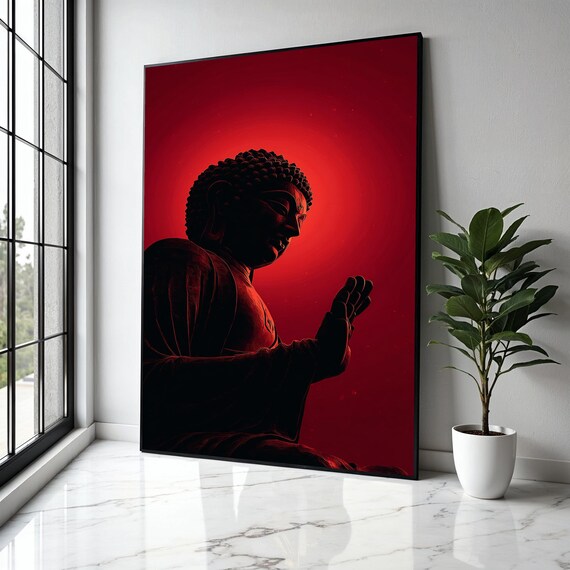 Buddha Silhouette With Raised Hand on Deep Red Background Poster