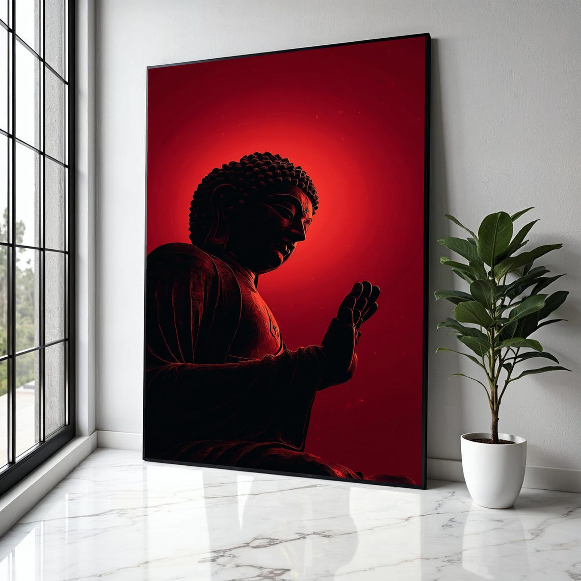 Buddha Silhouette With Raised Hand on Deep Red Background Poster
