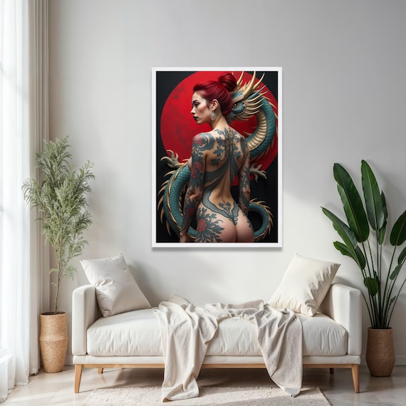 Fierce Red Haired Woman With Dragon Tattoo Asian Mythology Canvas Art Bold Body Ink Design Fantasy Wall Gift Home Decor Print