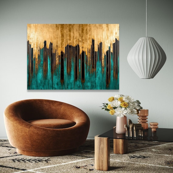 Gold Teal Abstract City Skyline Vertical Brushstroke Modern Poster