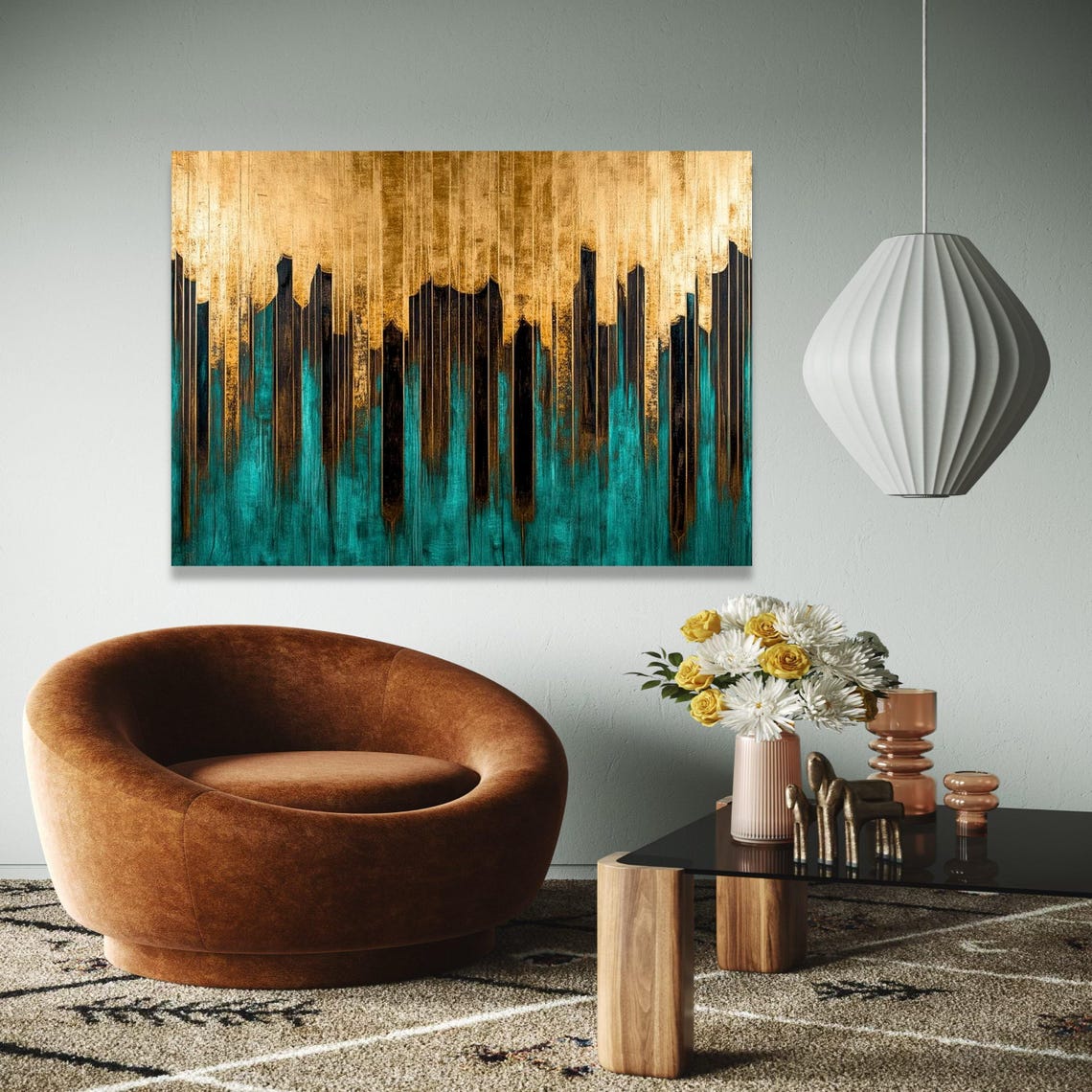 Gold Teal Abstract City Skyline Vertical Brushstroke Modern Poster