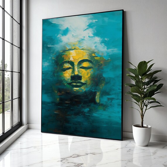 Buddha Face Teal Gold Abstract Mist Spiritual Calm Art Poster