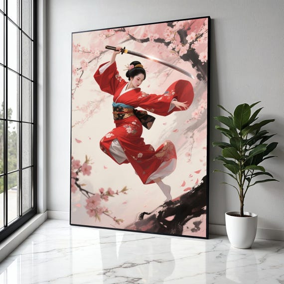 Samurai Woman In Red Kimono Canvas Cherry Blossom Art Japanese Sword Fighter Asian Warrior Wall Gift Home Decor Print