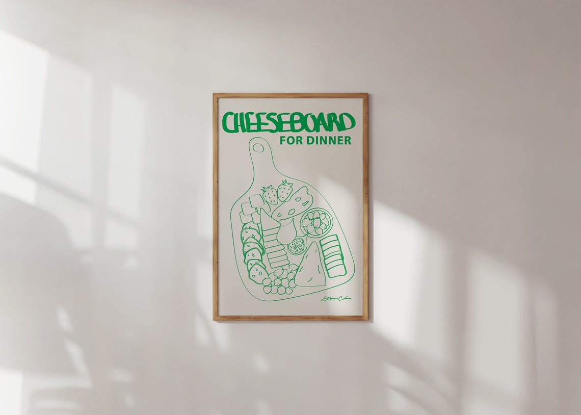 Cheeseboard for Dinner Green Line Art Kitchen Illustration Poster