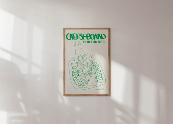 Cheeseboard Poster Retro Drink Charcuterie Bar Cart Decor Print Kitchen Wall Art Wine Vintage Food