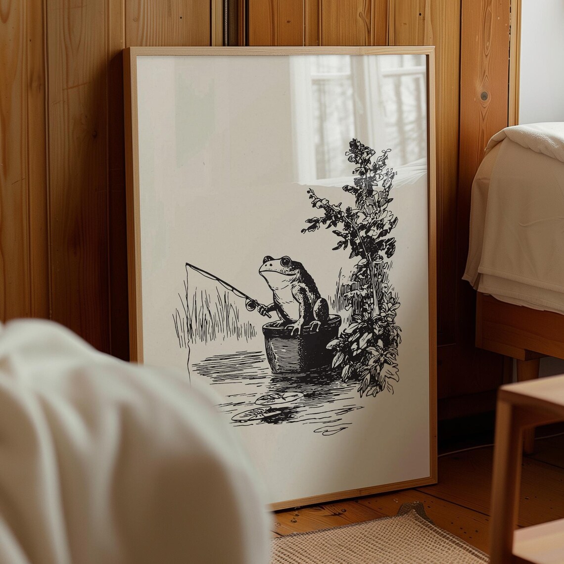 Vintage Frog Fishing Art Print, Storybook Animal Line Drawing