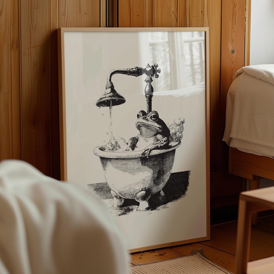 Frog Bathing In Tub Vintage Ink Sketch Bathroom Cottagecore Poster