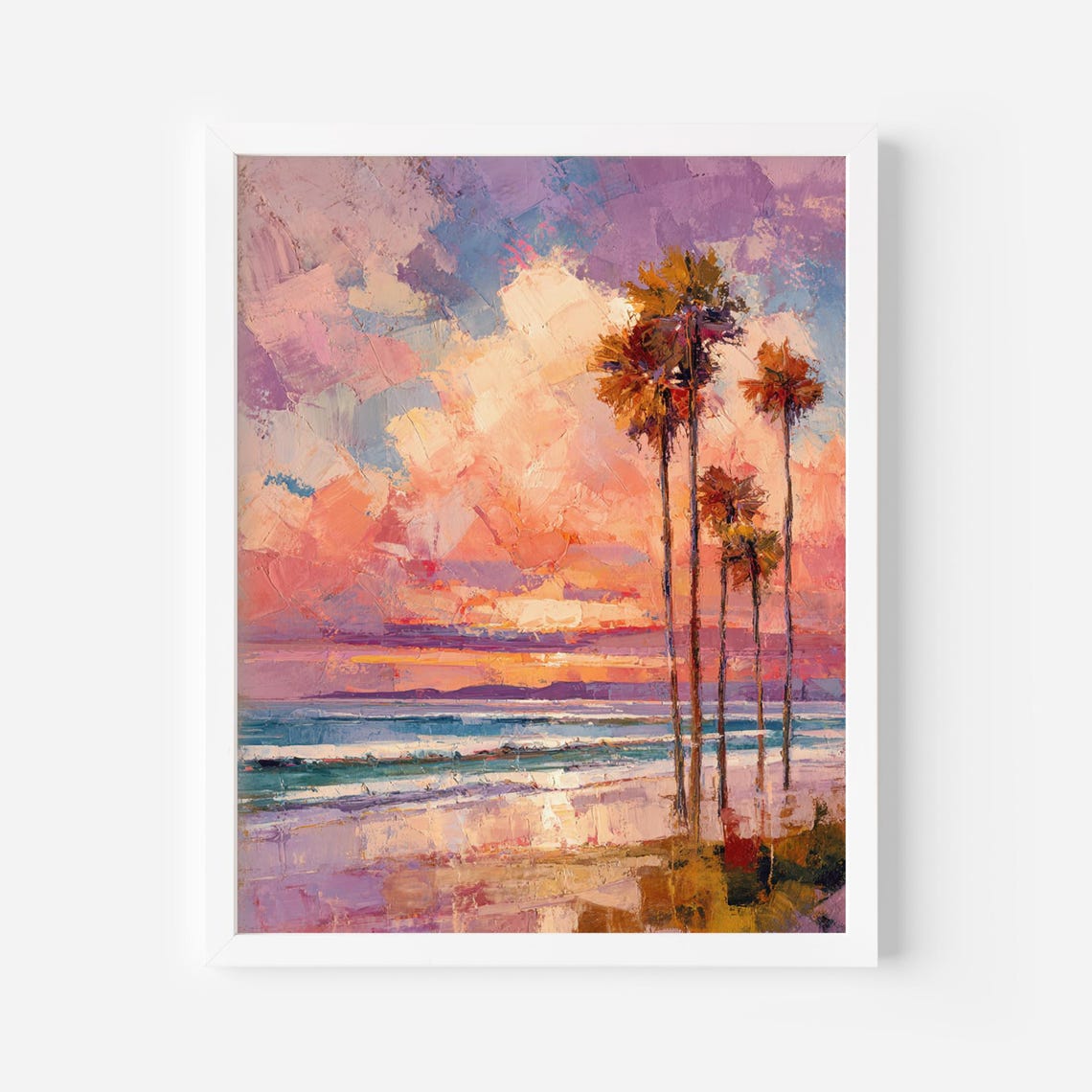 Sunset Beach Palm Trees Ocean Oil Painting Coastal Art Poster