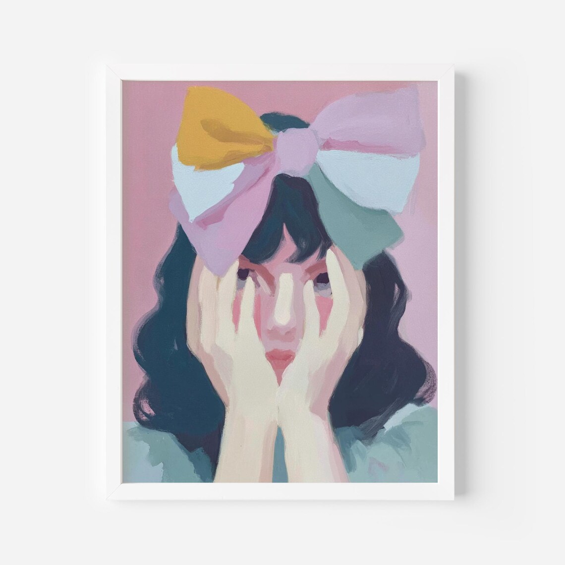 Oversized Bow Girl Print Pastel Feminine Wall Art Whimsical Portrait Bold Modern Power Decor