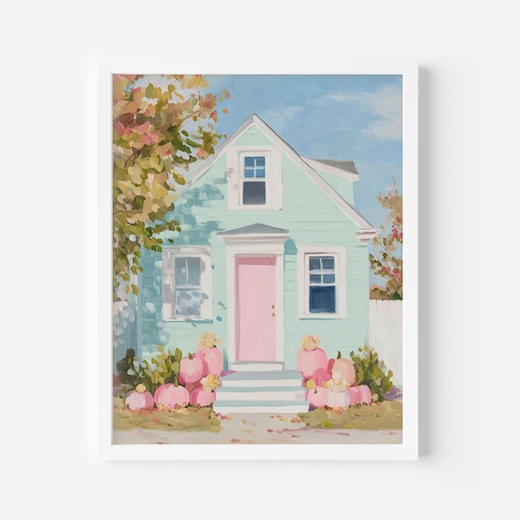 Pastel Pink Fall Cottage Pumpkins Autumn House Decor Art Poster
