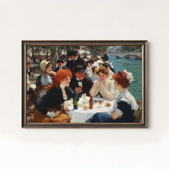 Vintage Impressionist Picnic Renoir Oil Painting Parisian Riverside Scene 281