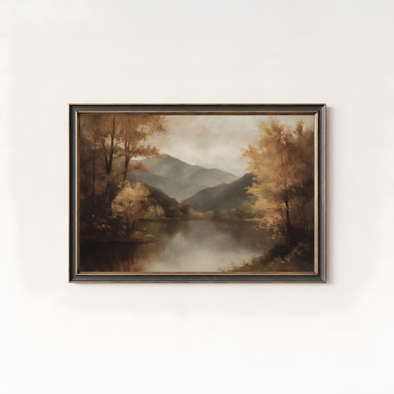 Golden Autumn Lake Landscape Vintage Oil Painting Moody Fall Forest Poster