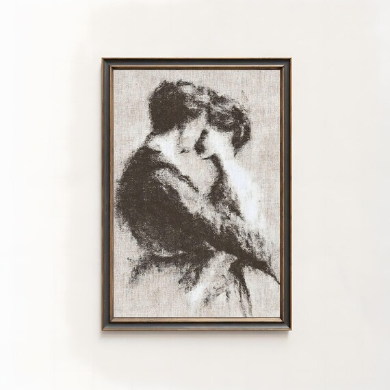 Rustic Couple Charcoal Sketch Minimalist Figure Wall Art 612