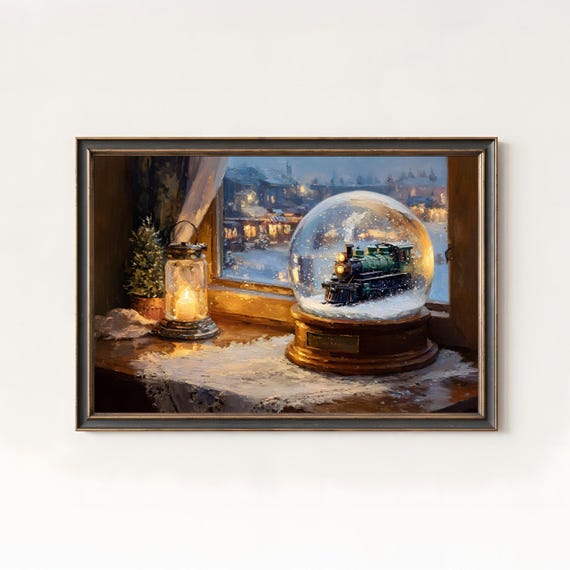 Christmas Snow Globe Train Lantern Windowsill Winter Village Art Poster