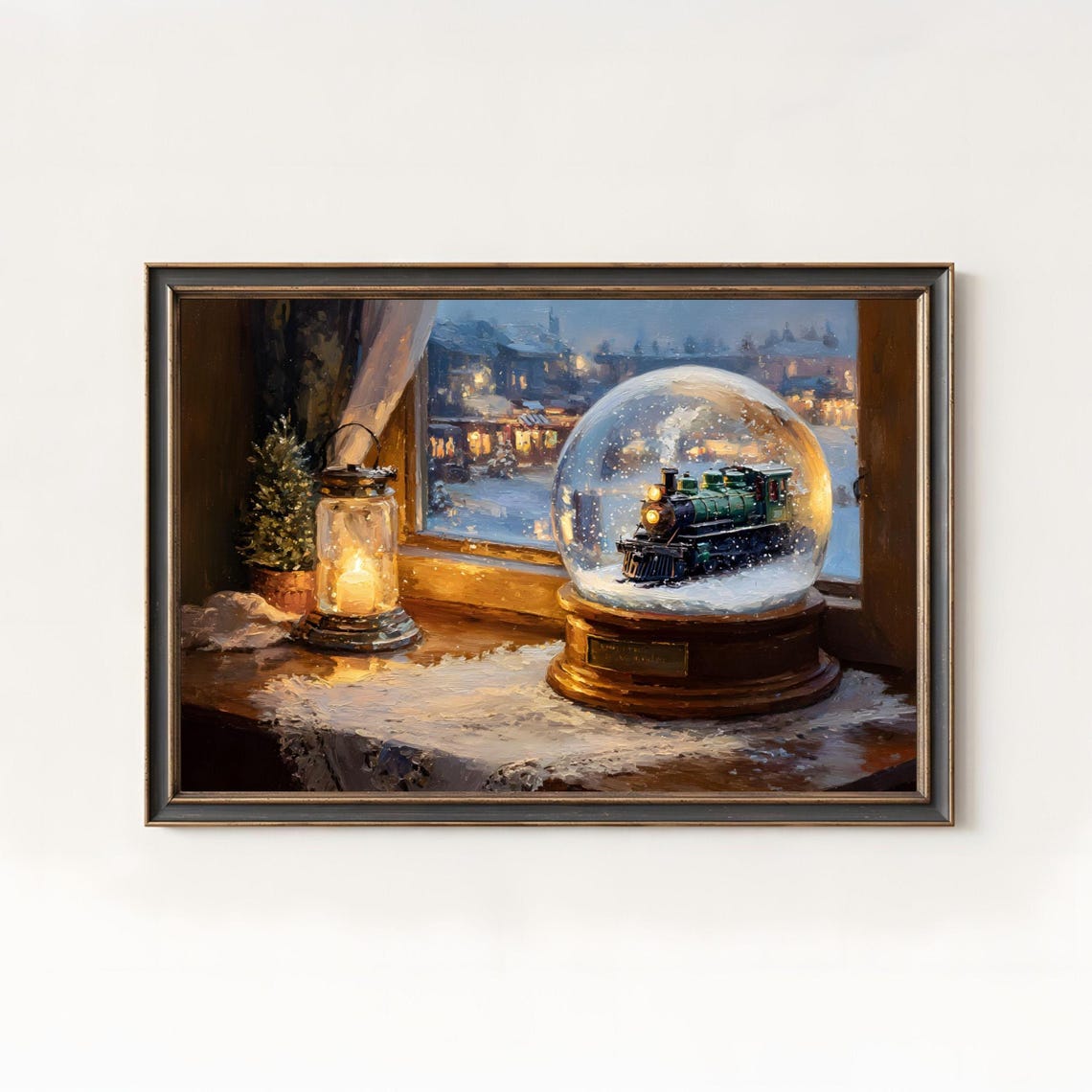 Christmas Snow Globe Train Lantern Windowsill Winter Village Art Poster