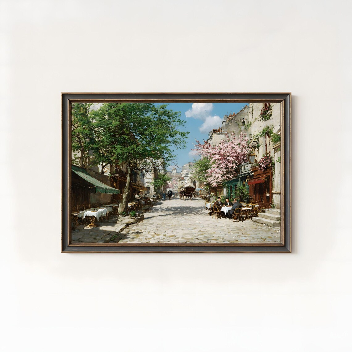 Parisian Cafe Oil Painting Cobblestone Street Spring Blossom Poster