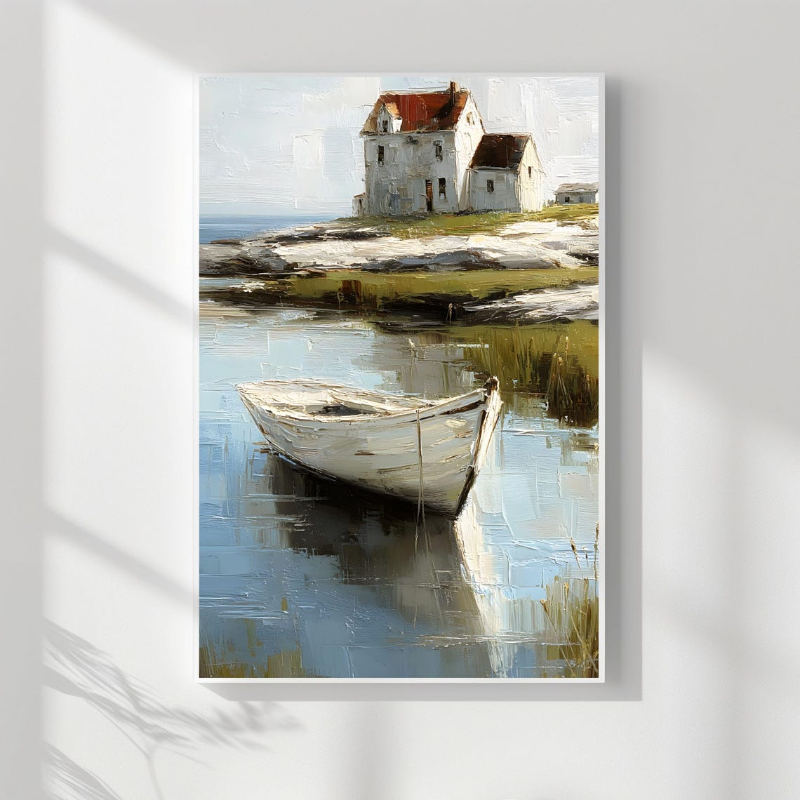 White Rowboat by Coastal Cottage Impasto Oil Seascape Poster