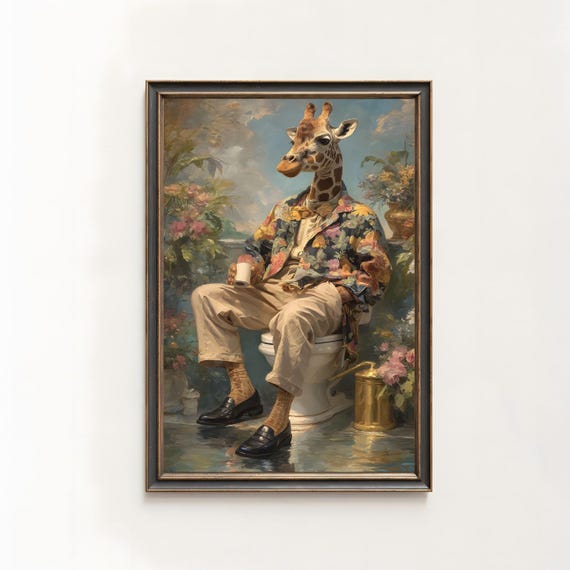 Giraffe On Toilet Print Maximalist Animal Portrait Art Eccentric Bathroom Decor 1410