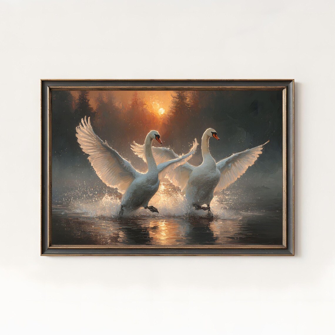 Swans Taking Flight Sunset Wildlife Oil Painting Dramatic Nature Poster