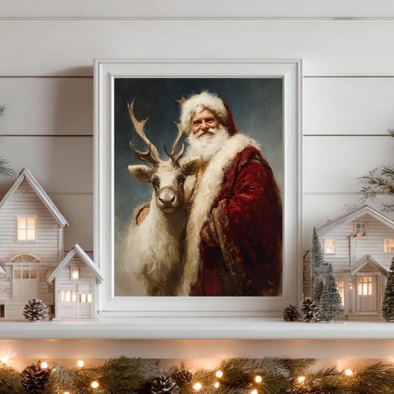Santa Claus And White Reindeer Vintage Oil Painting Christmas Poster