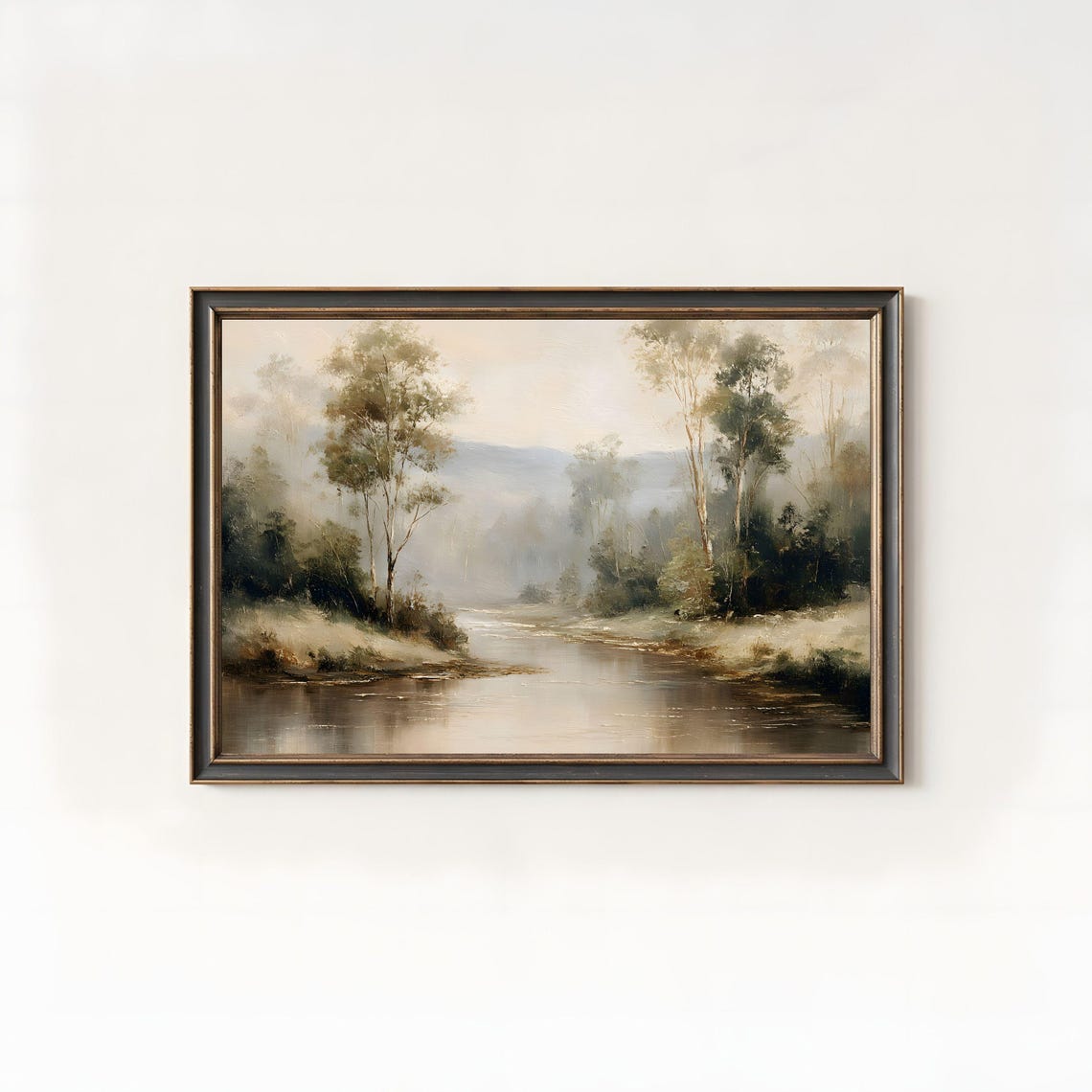 Rustic River Landscape Misty Trees Tranquil Water Oil Painting Poster
