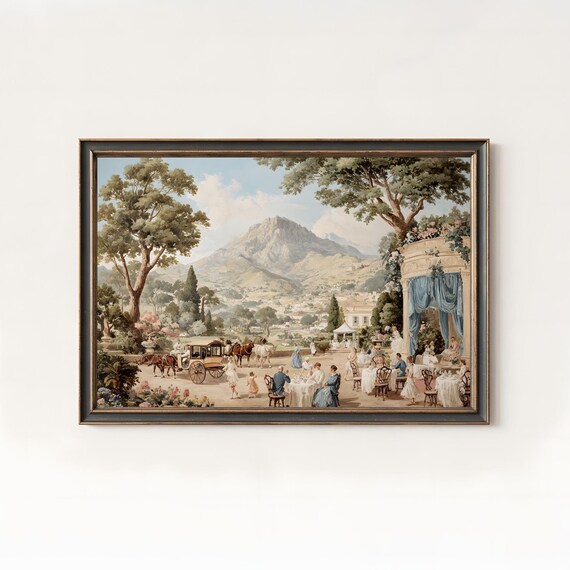 Rococo European Garden Party Horse Carriage Mountain Scene Art Poster