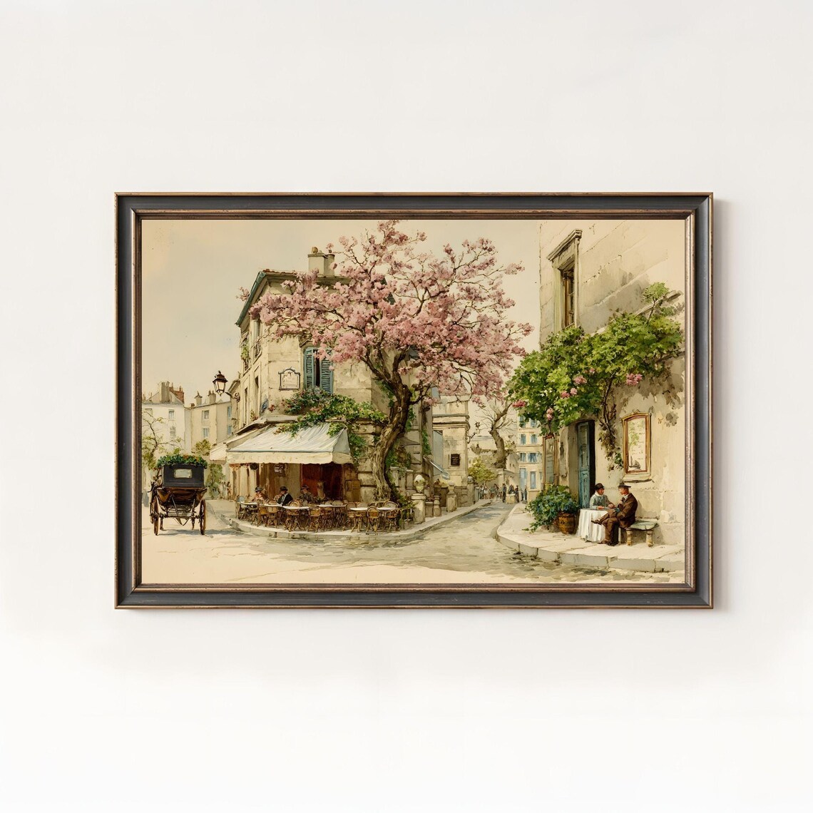 Paris Cafe Watercolor Cherry Blossom Street Scene Bistro Poster