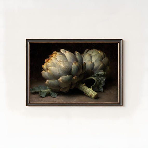 Vintage Artichoke Still Life Oil Painting Rustic Kitchen Wall Art 523