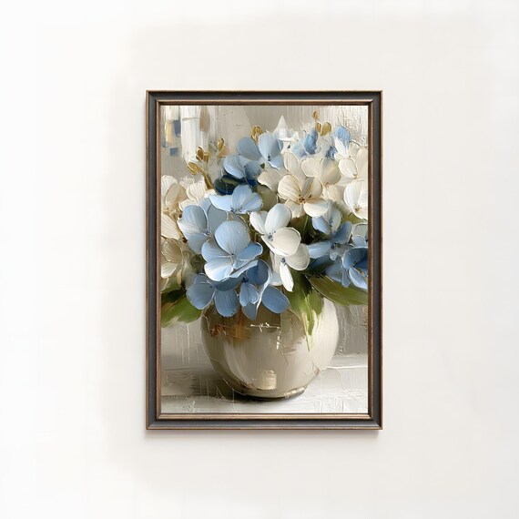 Blue and White Hydrangeas in Vase Impasto Oil Painting Floral Print