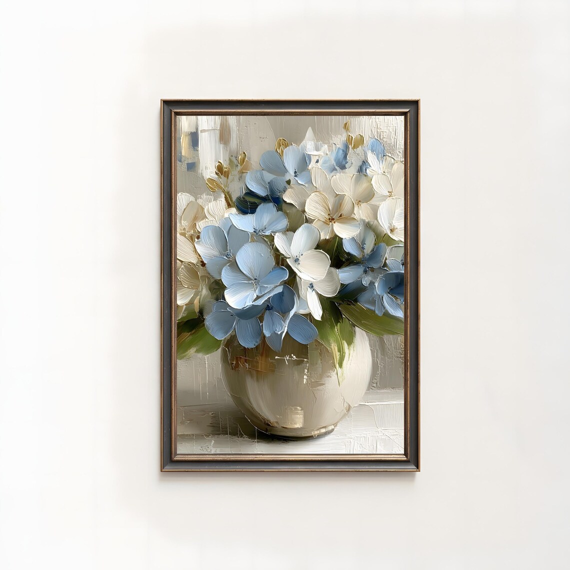 Blue and White Hydrangeas in Vase Impasto Oil Painting Floral Print