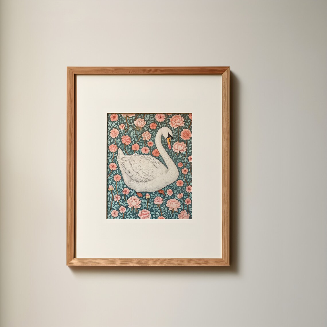 Elegant White Swan Among Pink Peonies Teal Floral Art Poster - Image 2