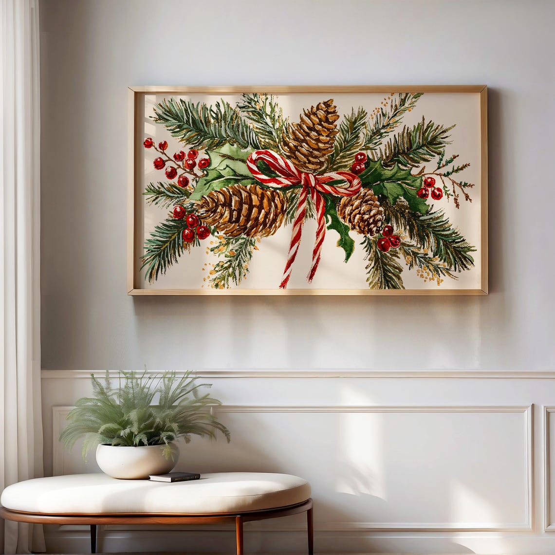 Christmas Botanical Swag Pinecones Holly Candy Cane Ribbon Poster - Image 2