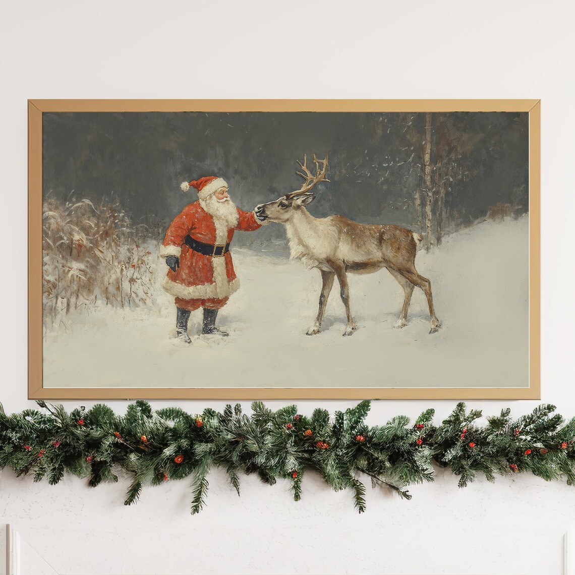 Santa Claus With Reindeer Vintage Christmas Painting Snow Poster - Image 3