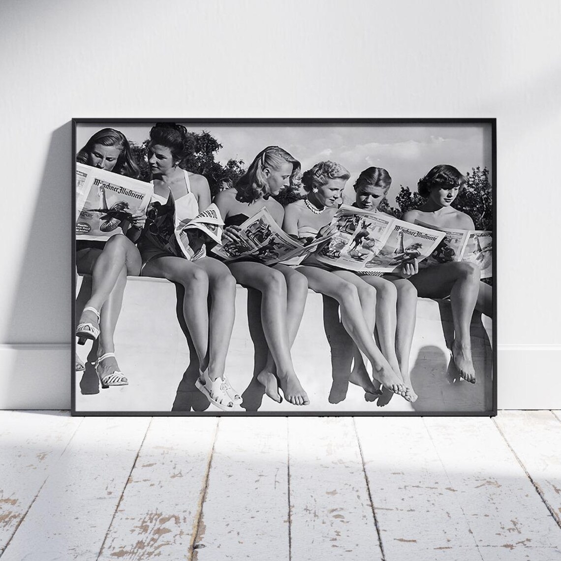 Women Reading Newspaper Vintage Black and White Art Print